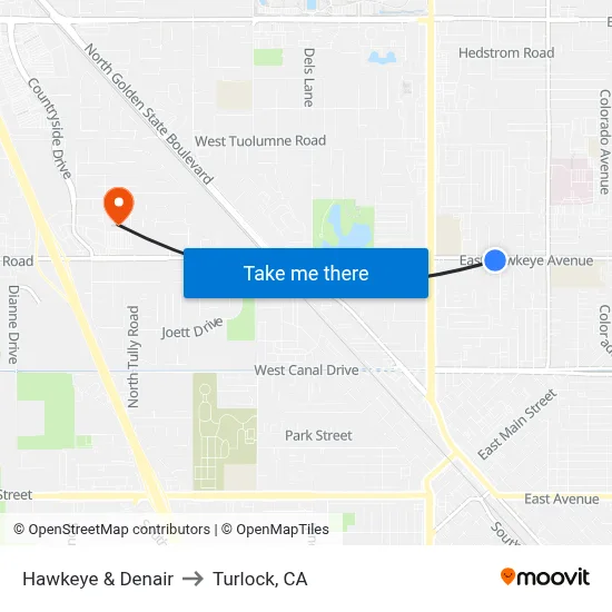 Hawkeye & Denair to Turlock, CA map
