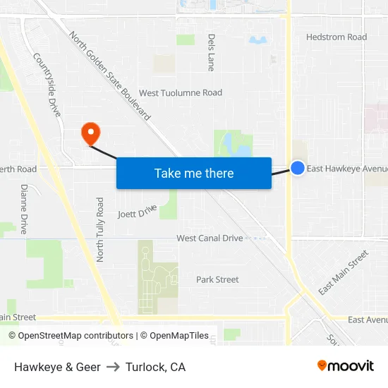 Hawkeye & Geer to Turlock, CA map
