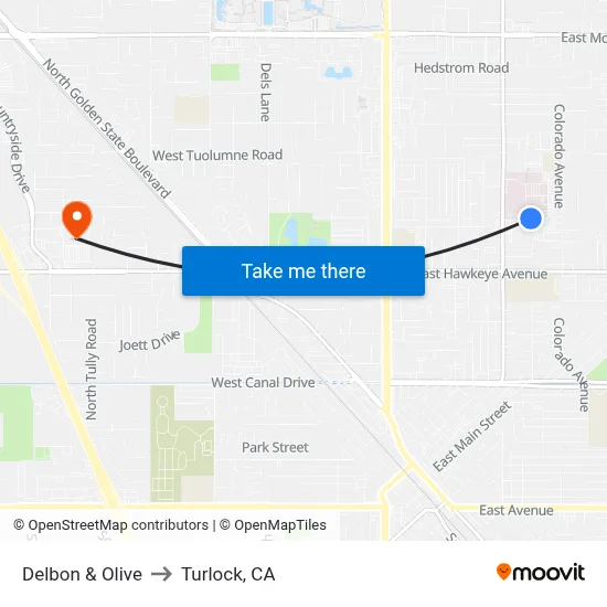 Delbon & Olive to Turlock, CA map