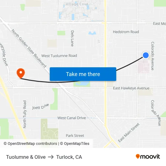 Tuolumne & Olive to Turlock, CA map