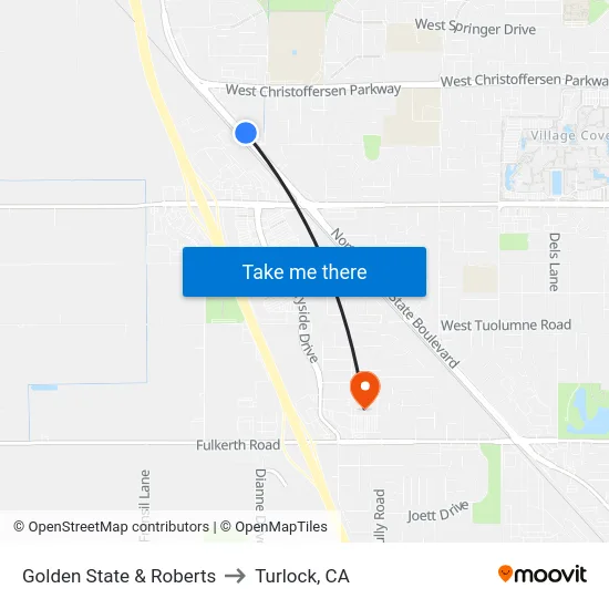Golden State & Roberts to Turlock, CA map
