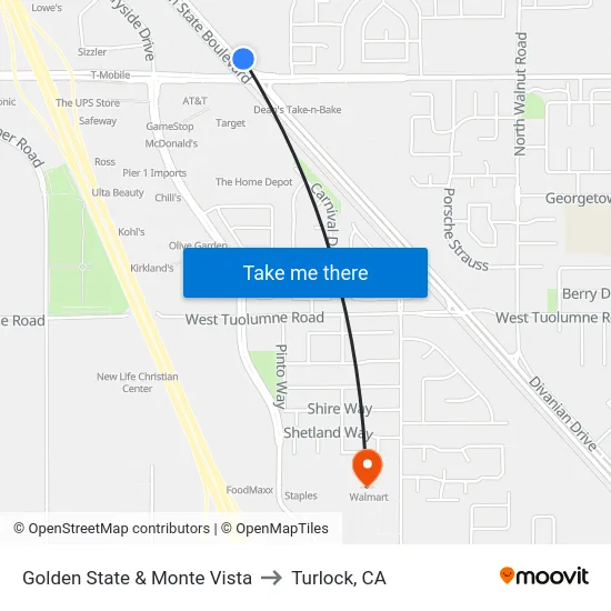 Golden State & Monte Vista to Turlock, CA map