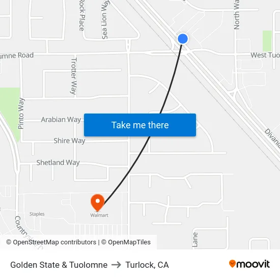 Golden State & Tuolomne to Turlock, CA map