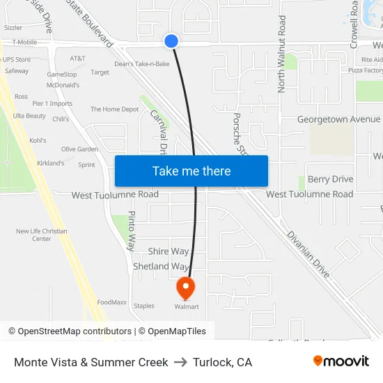 Monte Vista & Summer Creek to Turlock, CA map