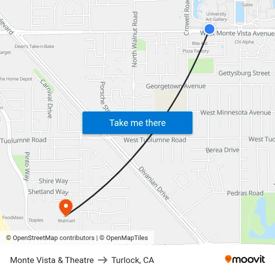 Monte Vista & Theatre to Turlock, CA map