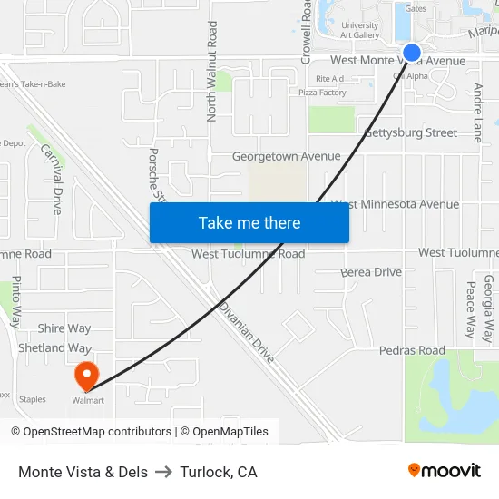 Monte Vista & Dels to Turlock, CA map