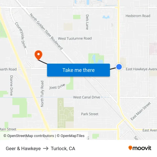 Geer & Hawkeye to Turlock, CA map