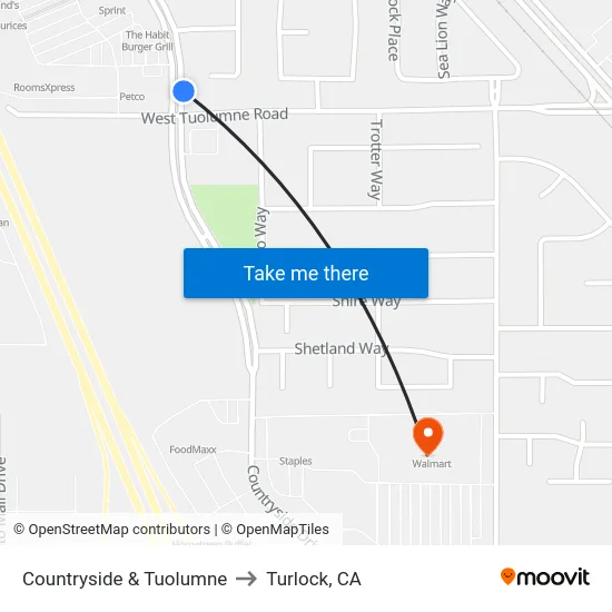 Countryside & Tuolumne to Turlock, CA map