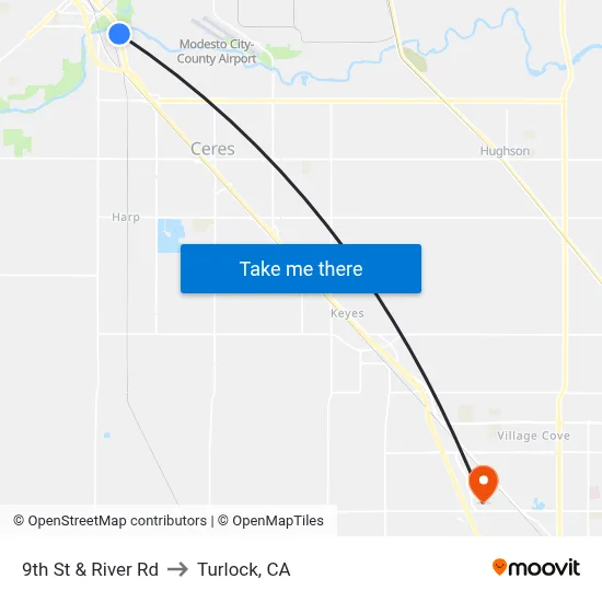 9th St & River Rd to Turlock, CA map