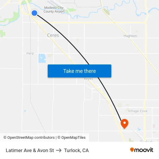 Latimer Ave & Avon St to Turlock, CA map