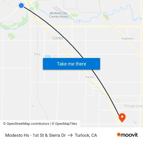 Modesto Hs - 1st St & Sierra Dr to Turlock, CA map