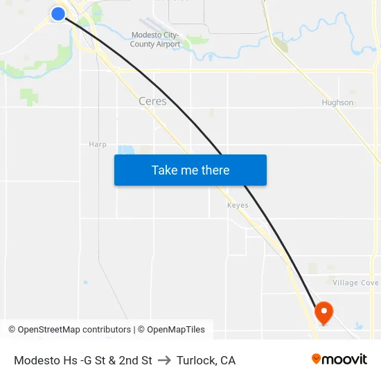 Modesto Hs -G St & 2nd St to Turlock, CA map