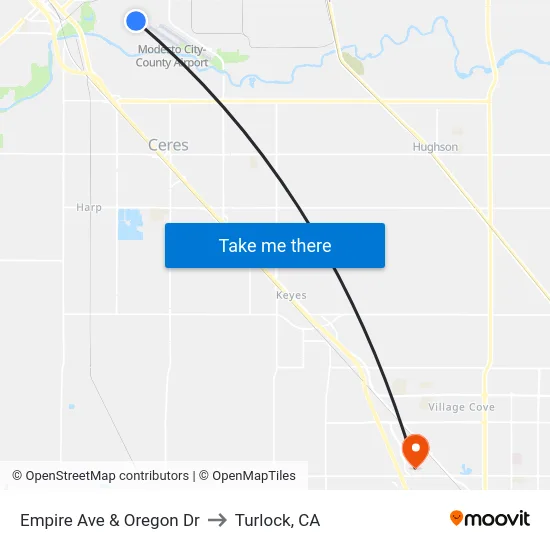 Empire Ave & Oregon Dr to Turlock, CA map