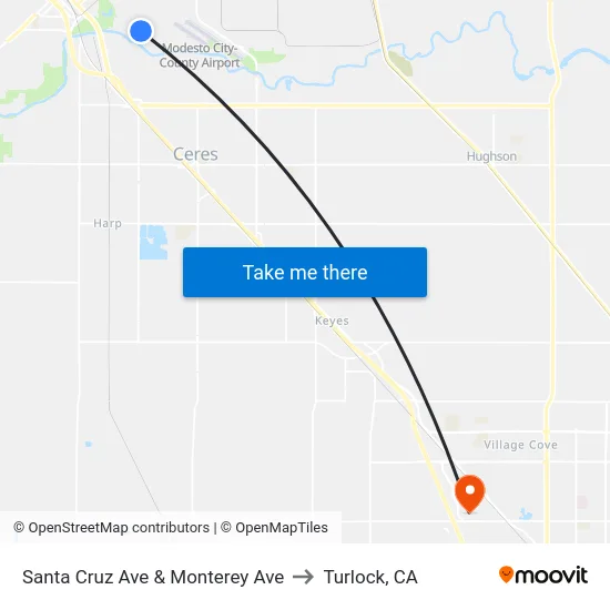 Santa Cruz Ave & Monterey Ave to Turlock, CA map
