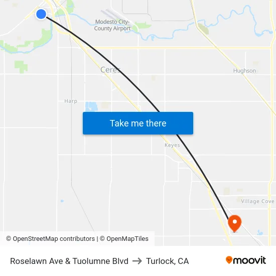 Roselawn Ave & Tuolumne Blvd to Turlock, CA map