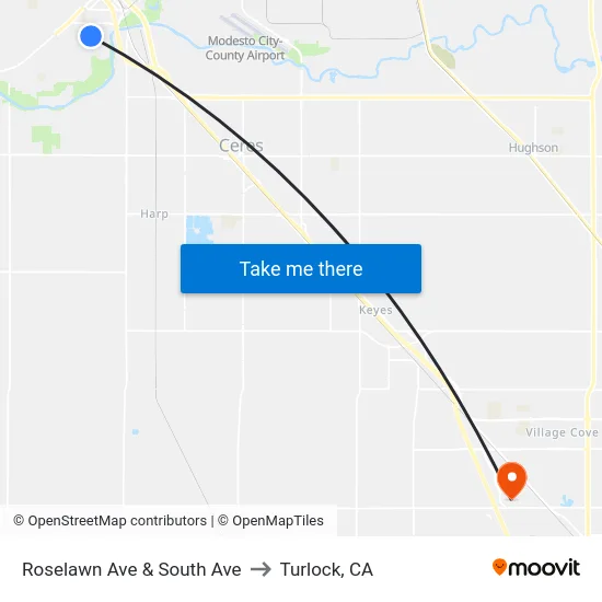 Roselawn Ave & South Ave to Turlock, CA map