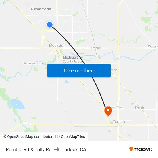 Rumble Rd & Tully Rd to Turlock, CA map