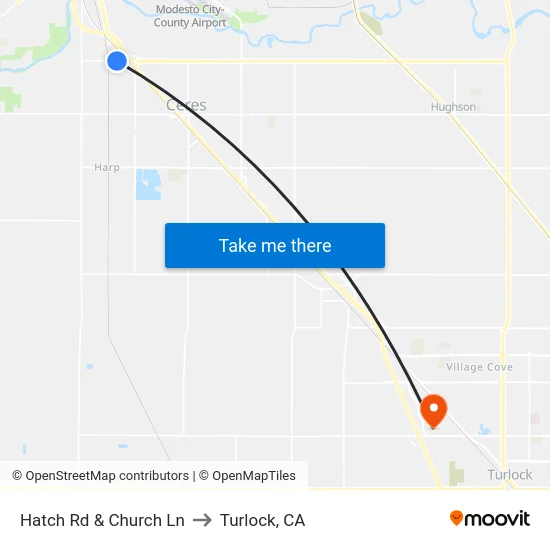 Hatch Rd & Church Ln to Turlock, CA map