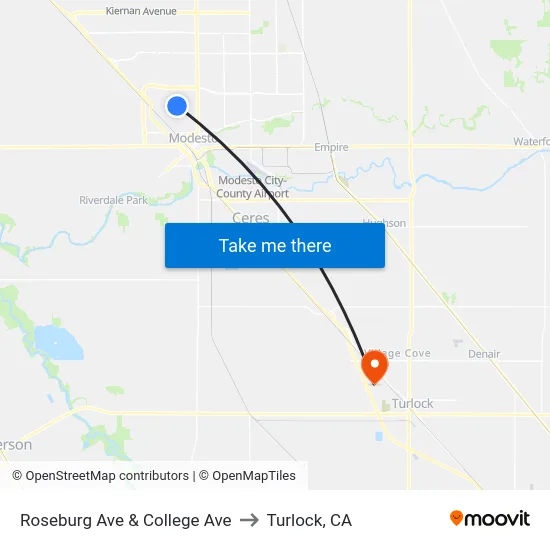 Roseburg Ave & College Ave to Turlock, CA map