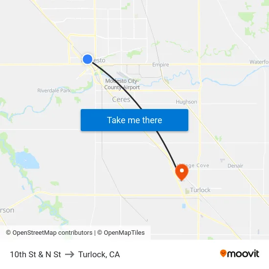 10th St & N St to Turlock, CA map
