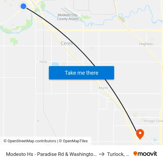 Modesto Hs - Paradise Rd & Washington St to Turlock, CA map