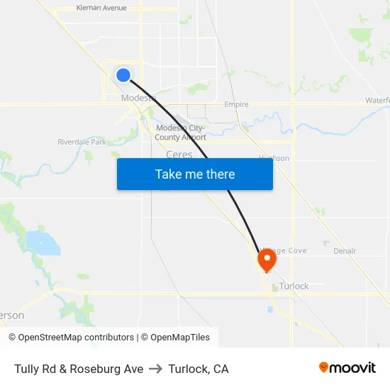 Tully Rd & Roseburg Ave to Turlock, CA map