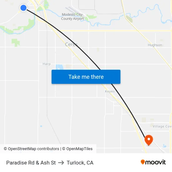 Paradise Rd & Ash St to Turlock, CA map