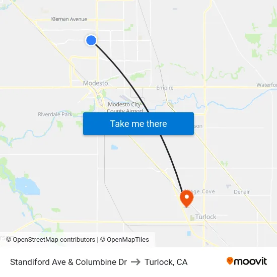 Standiford Ave & Columbine Dr to Turlock, CA map