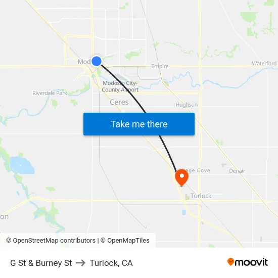 G St & Burney St to Turlock, CA map