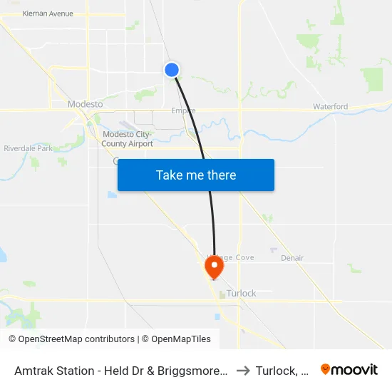 Amtrak Station - Held Dr & Briggsmore Av to Turlock, CA map