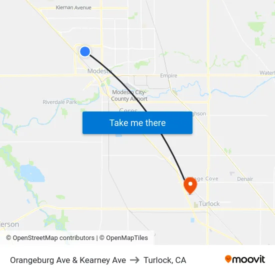 Orangeburg Ave & Kearney Ave to Turlock, CA map