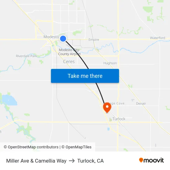 Miller Ave & Camellia Way to Turlock, CA map