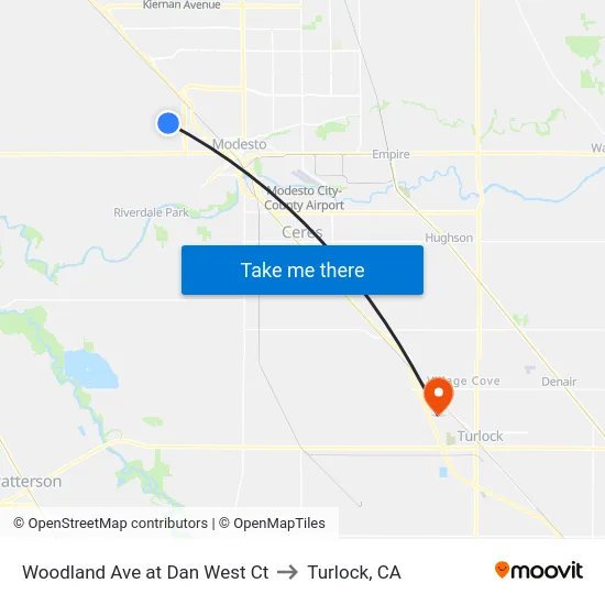 Woodland Ave at Dan West Ct to Turlock, CA map