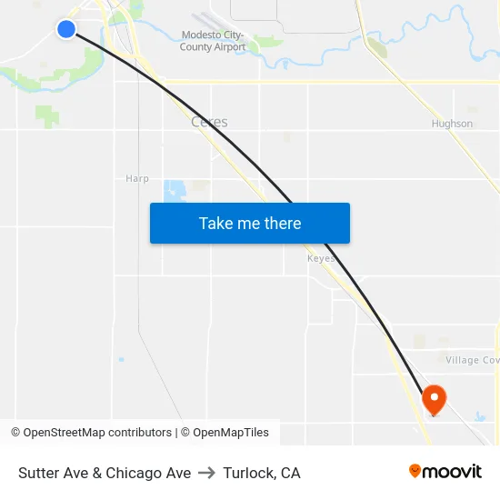 Sutter Ave & Chicago Ave to Turlock, CA map
