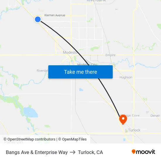Bangs Ave & Enterprise Way to Turlock, CA map