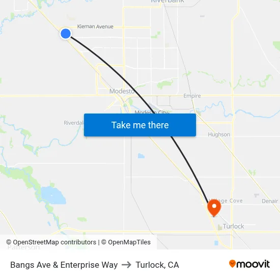Bangs Ave & Enterprise Way to Turlock, CA map