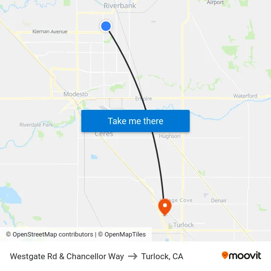 Westgate Rd & Chancellor Way to Turlock, CA map