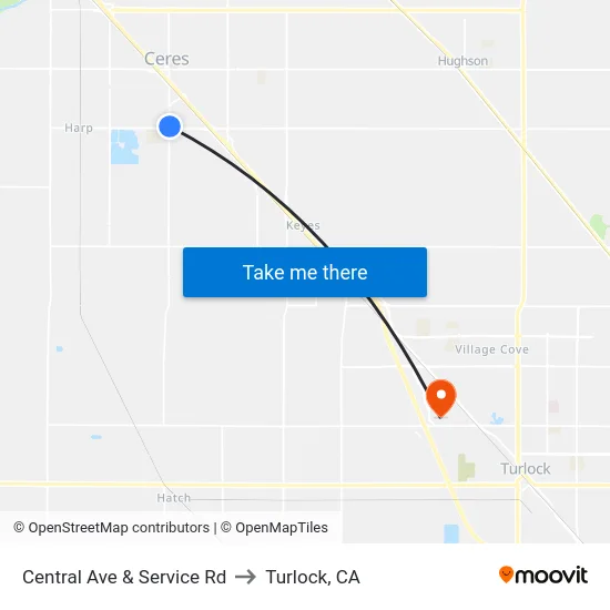 Central Ave & Service Rd to Turlock, CA map