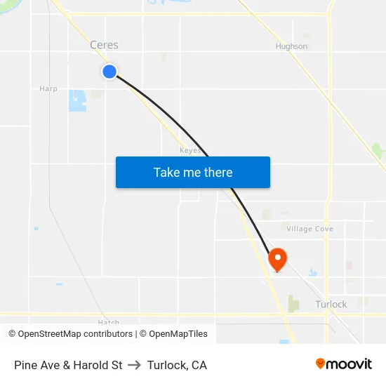 Pine Ave & Harold St to Turlock, CA map