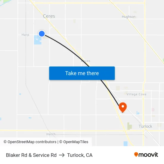 Blaker Rd & Service Rd to Turlock, CA map
