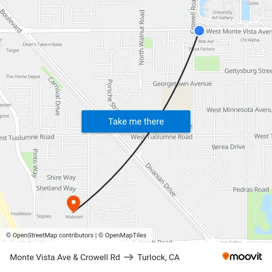 Monte Vista Ave & Crowell Rd to Turlock, CA map