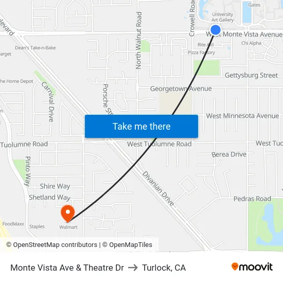 Monte Vista Ave & Theatre Dr to Turlock, CA map