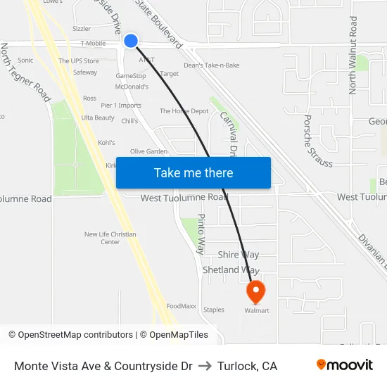 Monte Vista Ave & Countryside Dr to Turlock, CA map