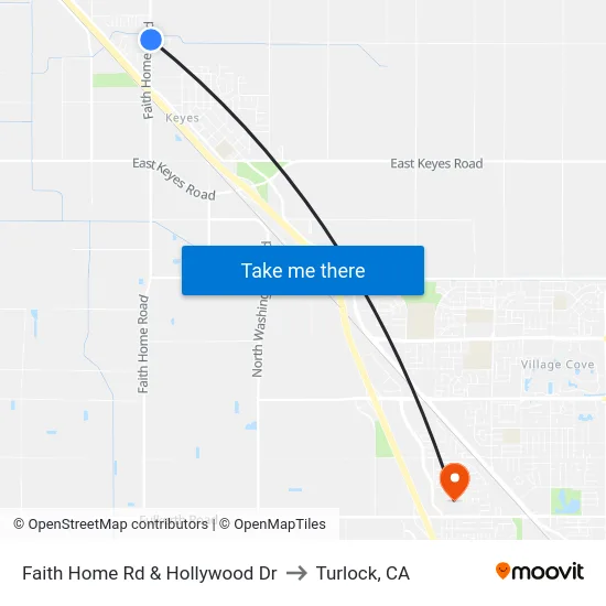 Faith Home Rd & Hollywood Dr to Turlock, CA map