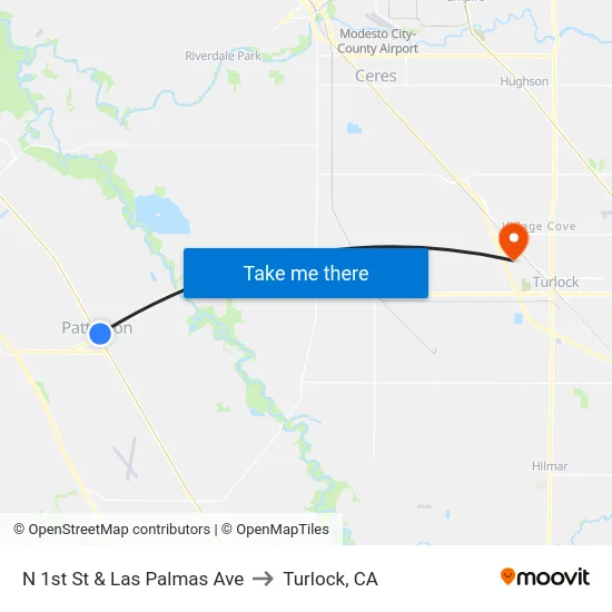 N 1st St & Las Palmas Ave to Turlock, CA map