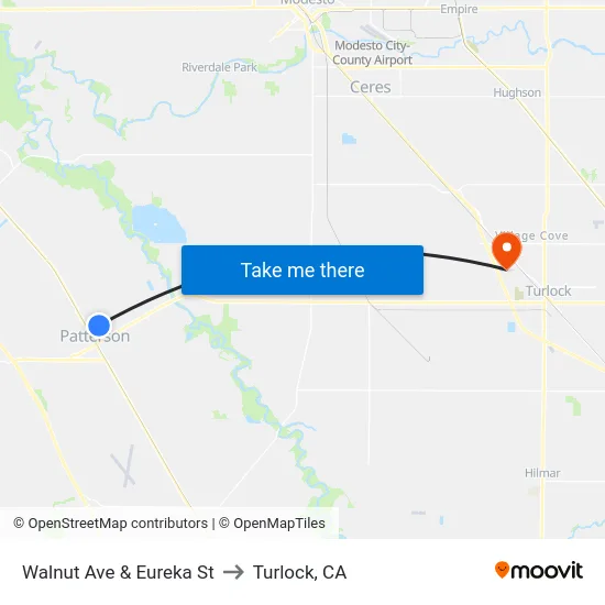 Walnut Ave & Eureka St to Turlock, CA map