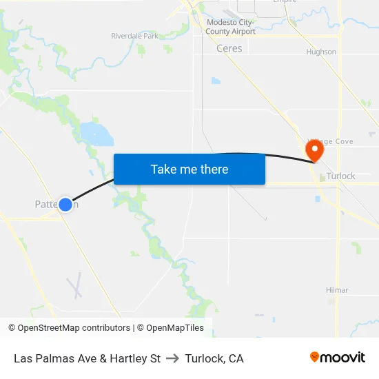 Las Palmas Ave & Hartley St to Turlock, CA map