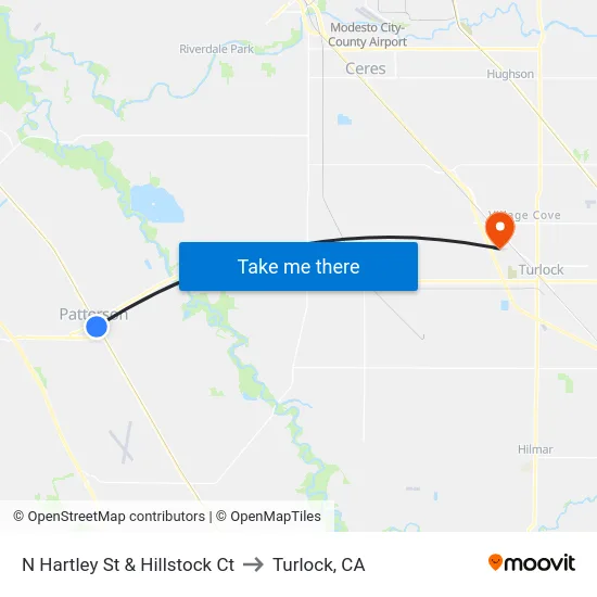 N Hartley St & Hillstock Ct to Turlock, CA map