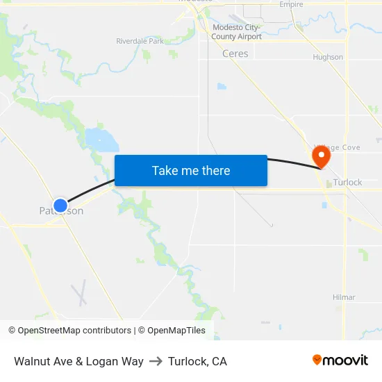 Walnut Ave & Logan Way to Turlock, CA map