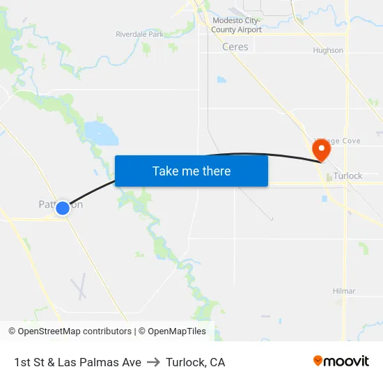1st St & Las Palmas Ave to Turlock, CA map